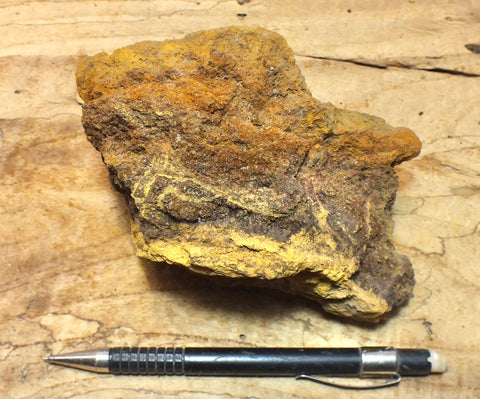 limonite - hand/display specimen of limonite from the top of a mineralized vein, showing conversion to yellow ochre