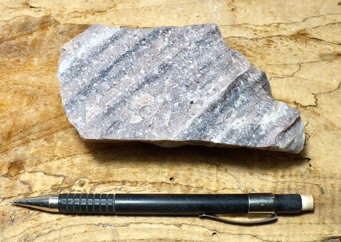 quartzite - teaching hand specimen of maroon banded Lower Cambrian quartzite