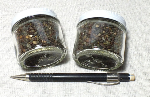 sand - coarse sand composed of polished chert grains derived from the Franciscan complex - set of two 2-ounce jars