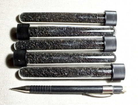 sand - iridescent angular basalt sand - set of five 16 ml polystyrene tubes of sand weathered from the 1990 flow that overran Kalapana, Hawaii