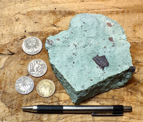 tuff - copper-stained green welded tuff - teaching hand/display specimen
