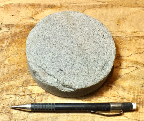 sandstone - medium grained gray - 4" diameter oil well core slice from the Stevens Sand - hand specimen