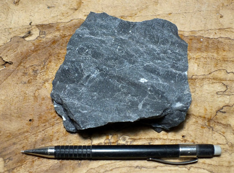 limestone - teaching hand specimen of a dark gray Lower Paleozoic limestone from the Darwin Hills, Calif.